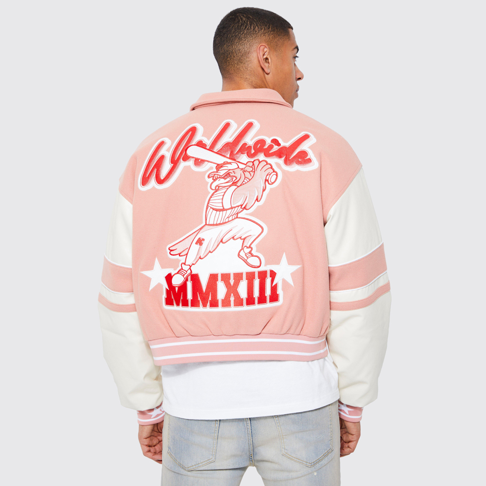 Boxy Applique Tape Detail Jersey Varsity Jacket